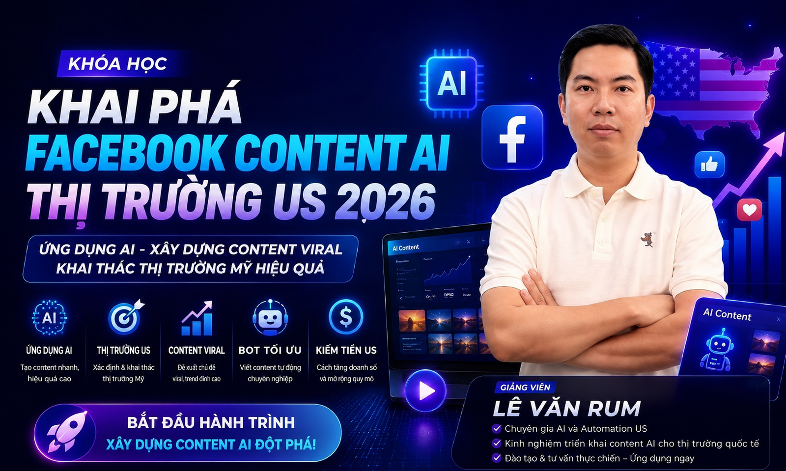 Khóa Học Facebook Content AI Thị Trường US 2026 Cùng Lê Văn Rum